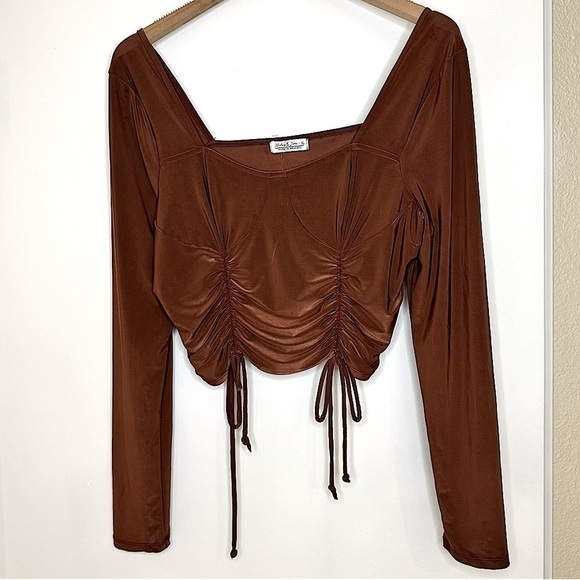 Haley&June Chocolate Ruched Detail Bardot Long Sleeve Crop Top Size XL - Picture 3 of 8